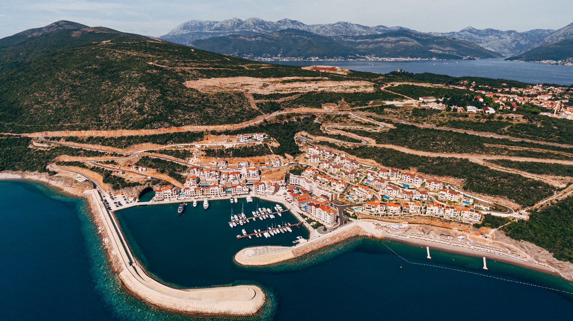 Aerial view to the lustica bay marina