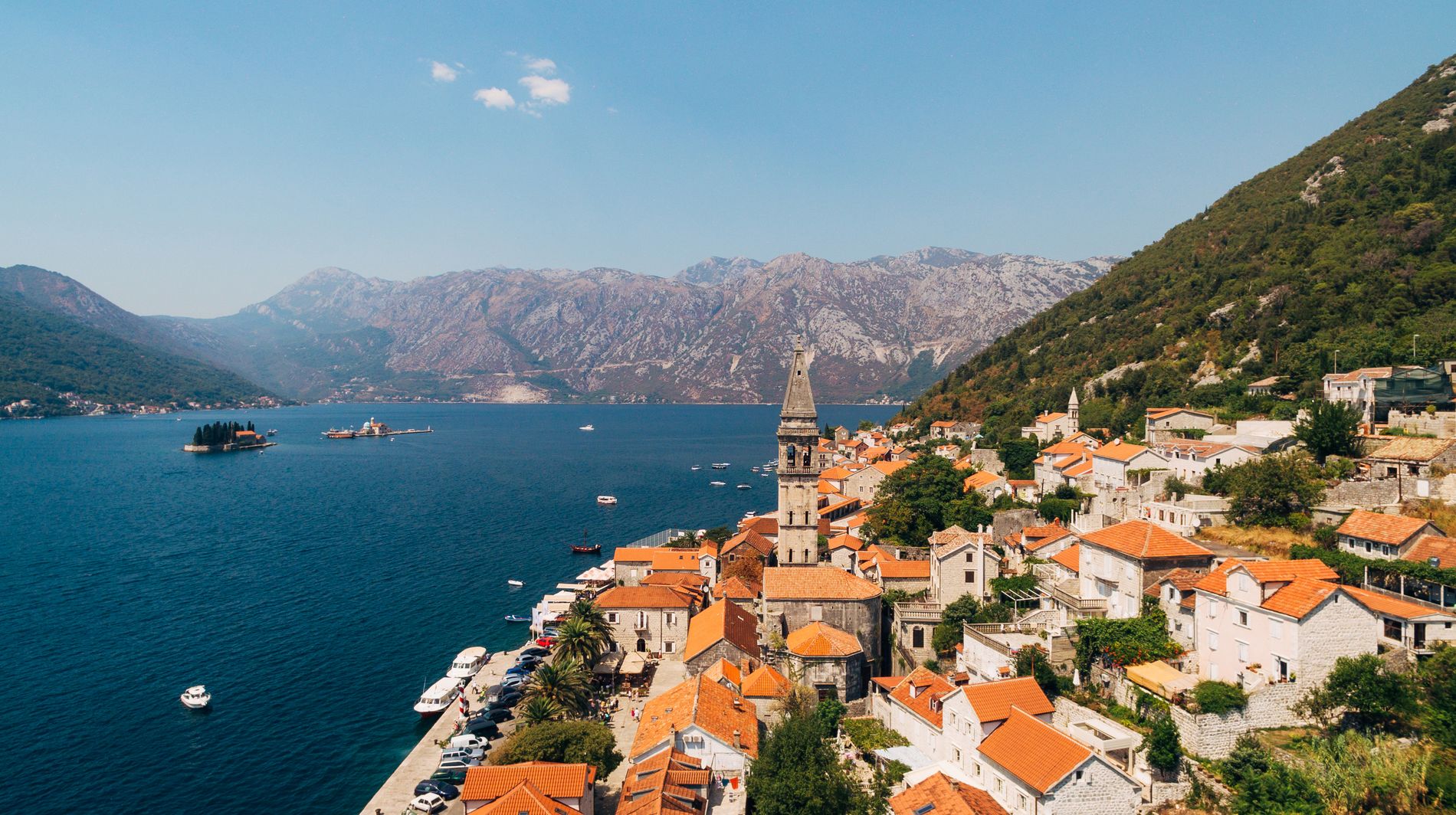 Drone view of the red roofs of ancient perast houses